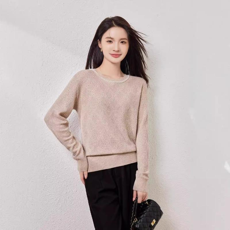 Silk-containing Wool Sweater Women's Autumn New Beaded Top Round Neck Lazy Fan Knitted Sweater Backing Sweater