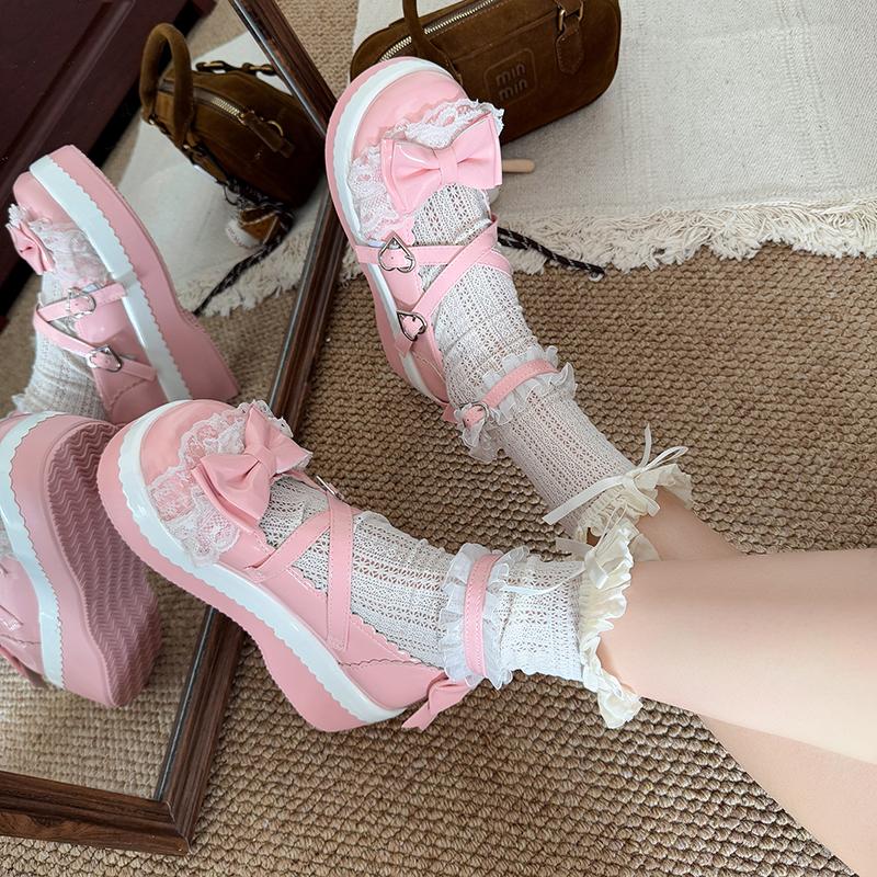 Fashion Sweet Girls Lolita Flat Platform ,Female Students Lace Strawberry Bowknots Cute Marry Jane Elevator Shoes