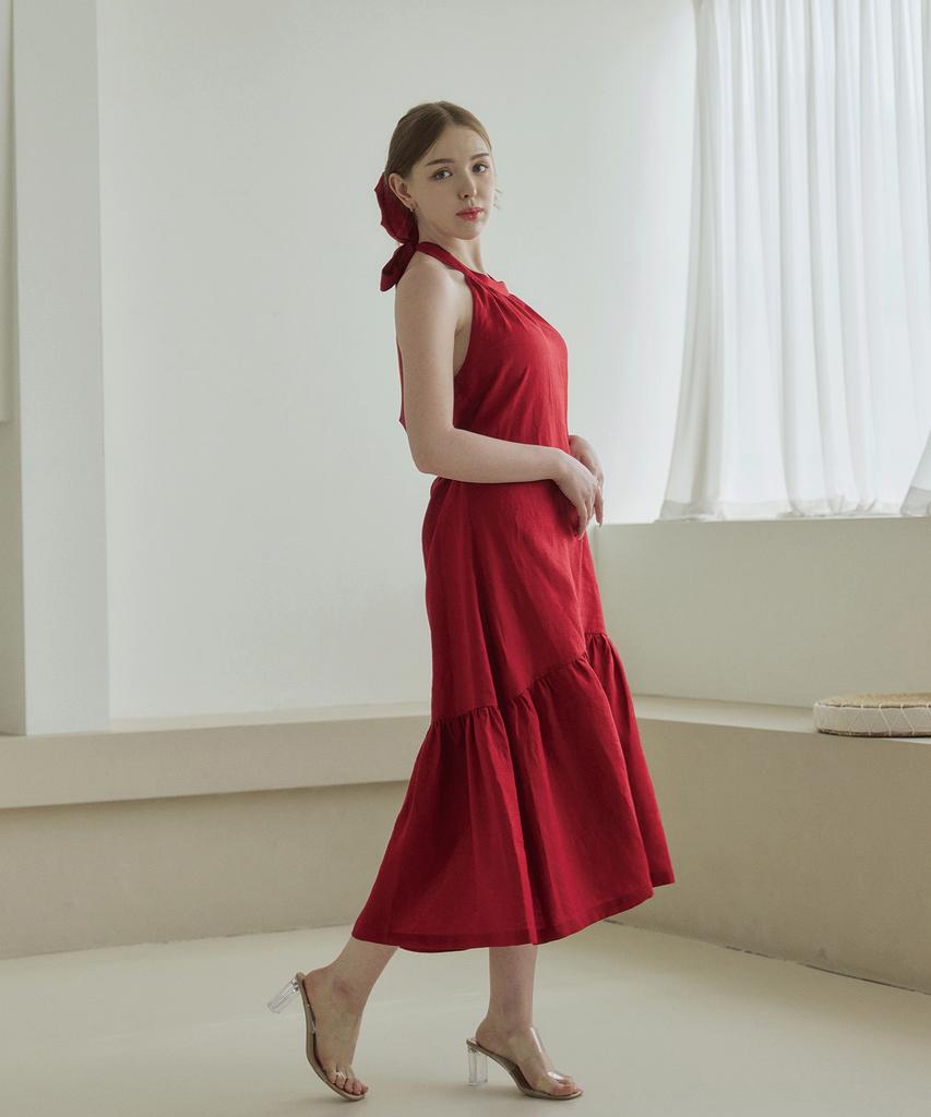 Belrma Red Linen Back-Open Ribbon Halterneck Dress