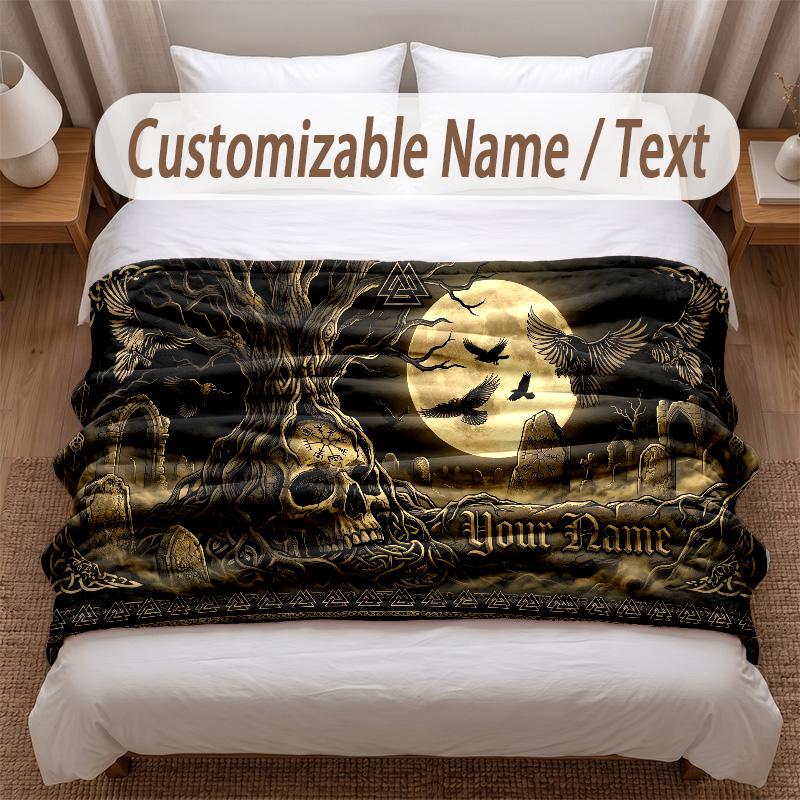 Skull Gothic Theme Soft Blanket Personalized Custom Name Text Print Warm Blanket Home Sofa Bedroom Decor