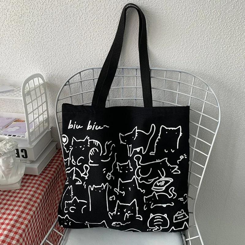 

Fashionable Cartoon Cat Canvas Bag Women s Zipper Handbag Cute Line Cat Shopping Bag Japanese Style Large Capacity Canvas Bag