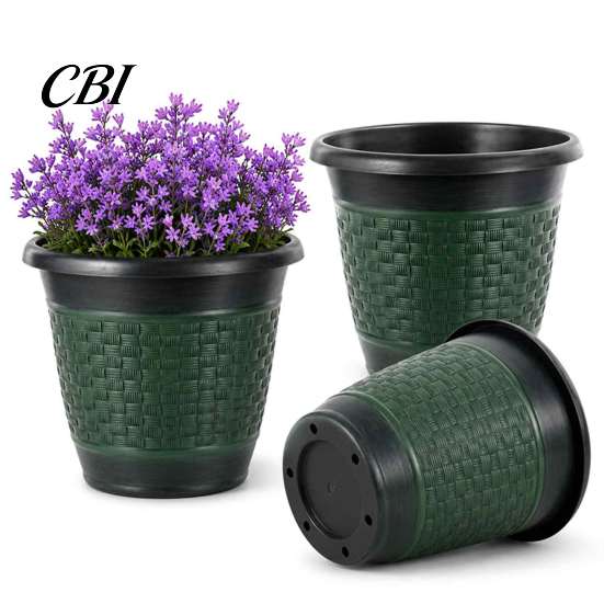 Large Capacity Garden Planters 12" Planter Pot with Saucer, Thickened Plastic Anti-Aging Flower Drainage Durable Holes, Woven Texture, Plant