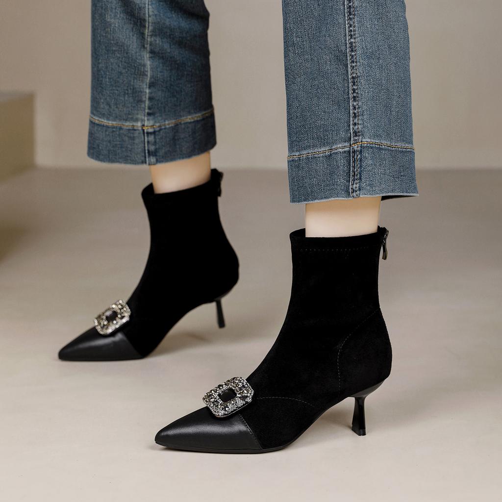 Pointed Fashion High Heel Boots Slim Heel Chelsea Boots Rhinestone Square Buckle Skinny Boots Medium Boots