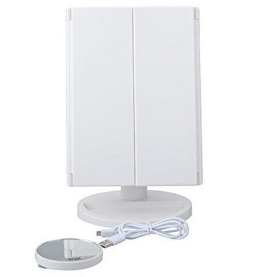LED Desktop Folding Vanity Mirror with 2X/3X Magnification, Dual Power, Touch Dimming, Tri-Fold Design