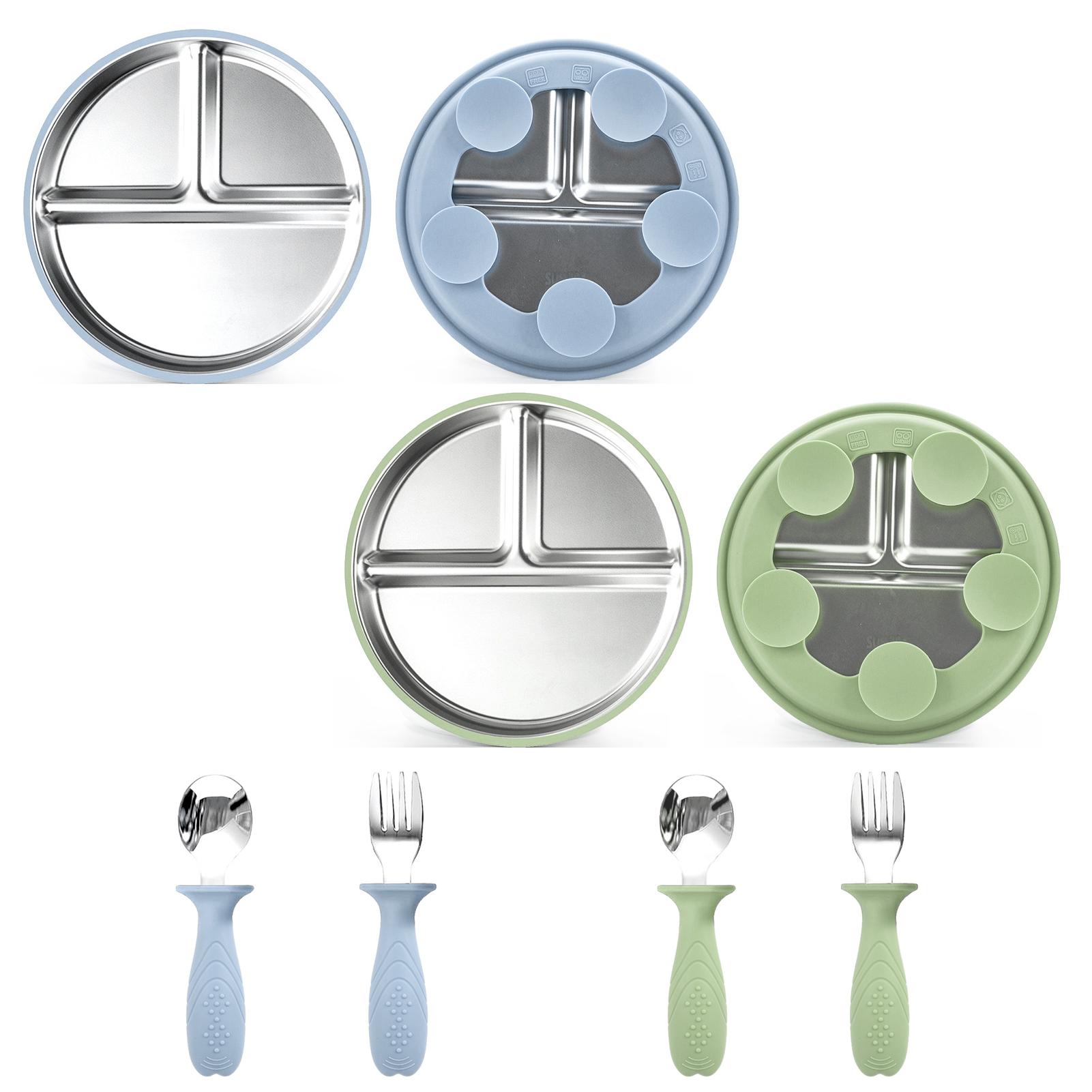 

New Stainless Steel Plate With Silicone Shell Feeding Plates For Toddlers Suction Cup Bowl Kids Plates Dinner Sets Gift Box 2Set