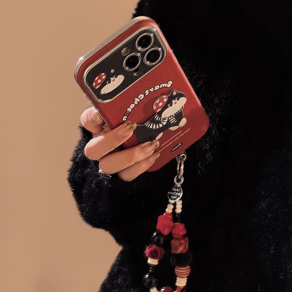 Ins Red Cartoon Cat Suitable for 16pro Max Apple Mobile Phone Case Iphone15 Leather Cartoon 17 Hanging Chain