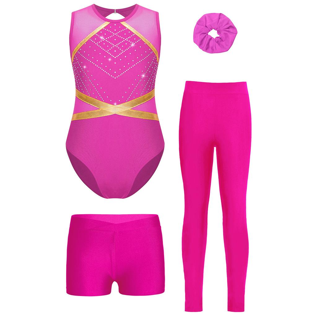 Complete 4Pcs Performance Set for Girls Keyhole Back Rhinestone Leotard with V-front Shorts & Headwear