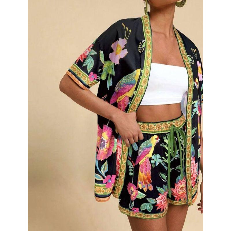 

Women 2025 European and American Summer New Fashion Casual Tropical Ethnic Style Print Cardigan Short sleeve Shorts Set Suit Black L