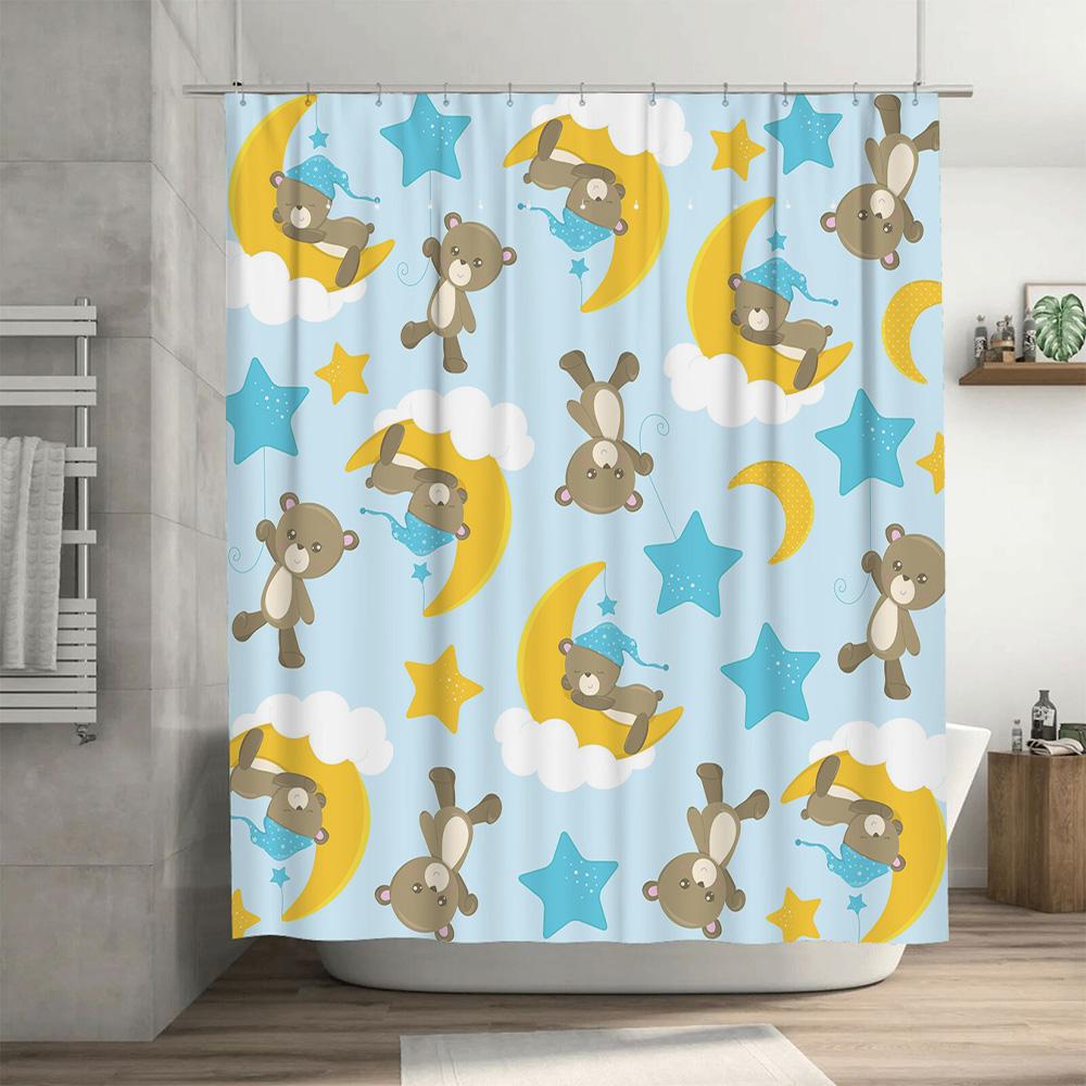 Blue Dream Kids Shower Curtain Set Teddy Bears Sleep On Clouds Stars with Moon Design for Bathroom Decor In Pastel Colors
