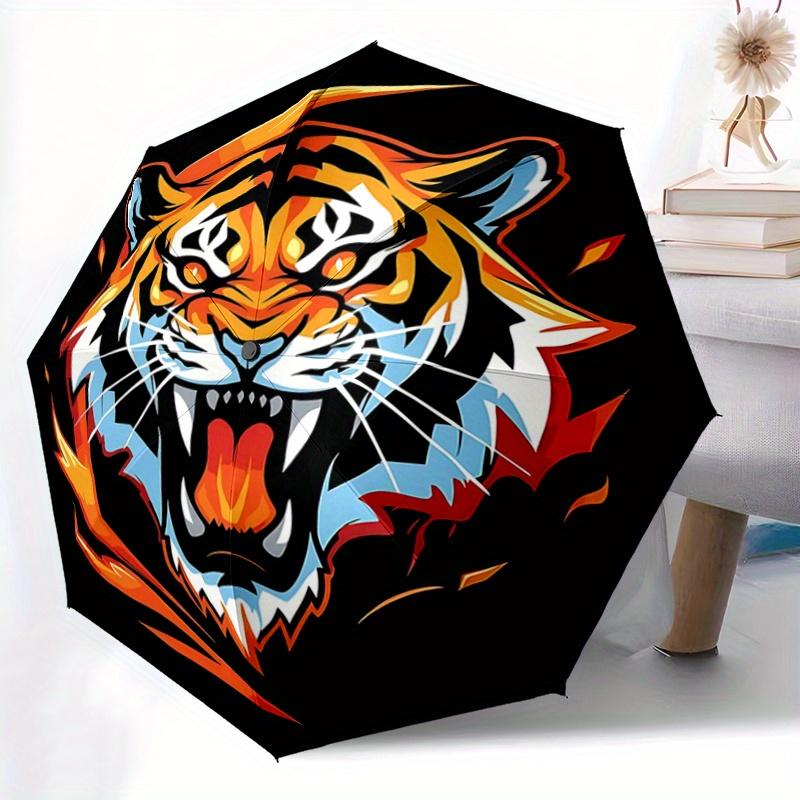 1pc Domineering Tiger Pattern Beautiful Looking Automatic Folding Umbrella, 3 Folding, 8 Iron Frame Design, Durable and Suitable for Travel and D