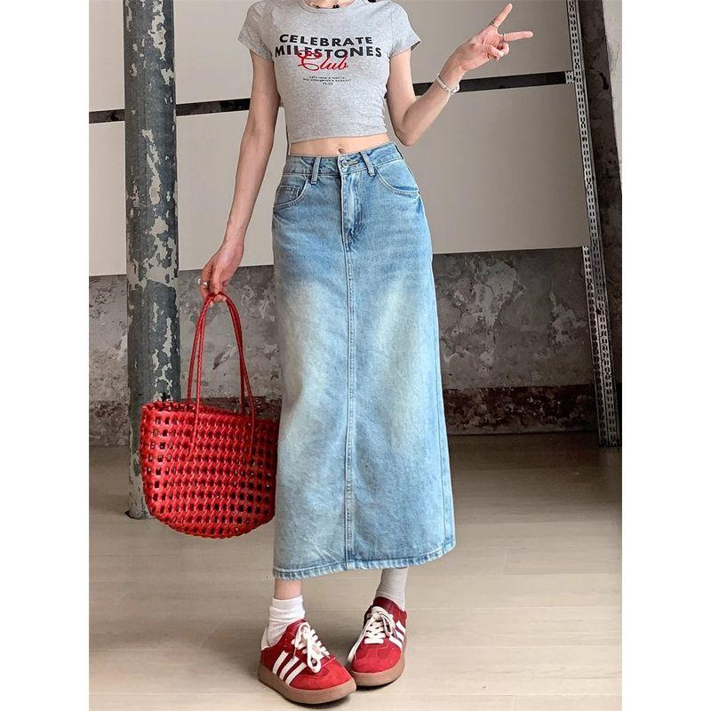 

Kumikumi Retro Washed Blue High Waist Denim Skirt Women s Autumn Stylish Slit Versatile Midi Skirt Blue XL
