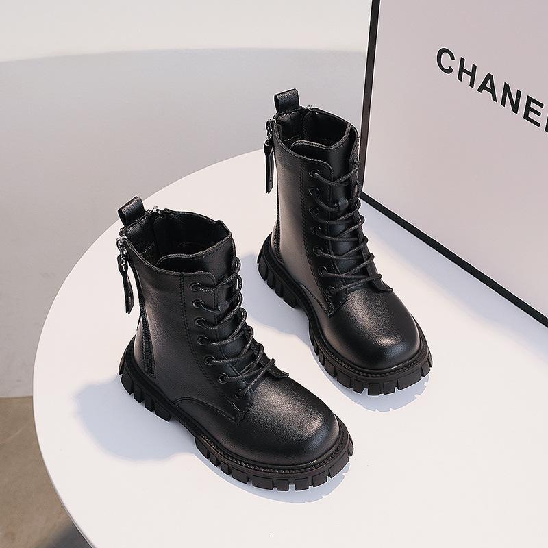 Winter 2025 Girls' Ankle Martin Boots with Velvet, Leather Princess Style for Little and Big Kids