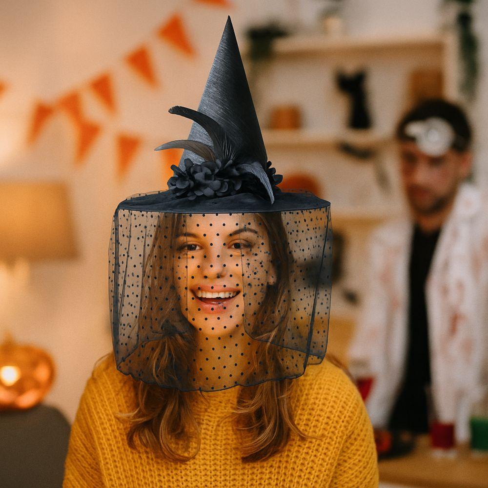 

Uniqu Halloween Witch Hat Lace Veils Cosplay Hat Photography Props Wizard Hat Fancy Dress Purple