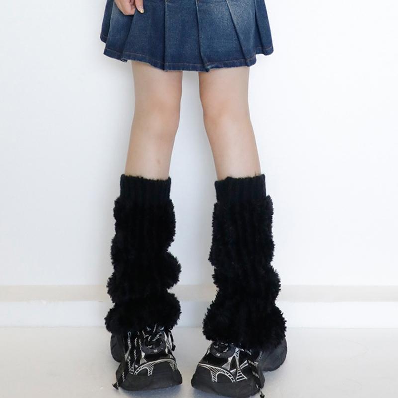 Ribbed Knit Cuffs Furry Leg Warmers for Women Students Winter Furry Plush Boot Covers Stretchy Calf Socks Streetwear