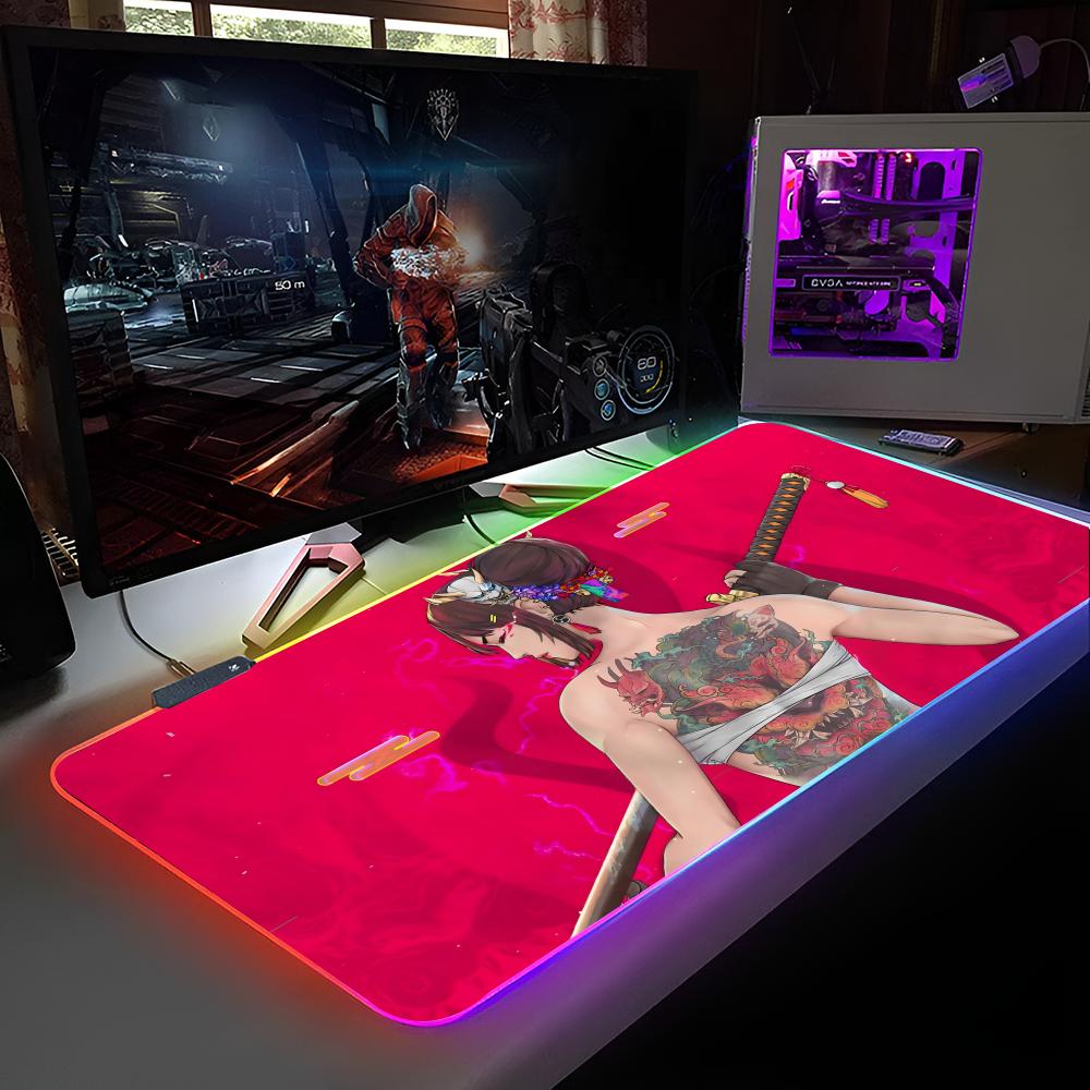 Anime Demon Girl Samurai Katana Mouse Pad RGB Backlit Mouse Pad Laptop Mouse Pad Laptop Gamer Computer Desk Gaming Accessories
