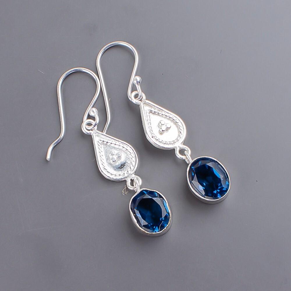 

Натуральный Лондонский Голубой Топаз Драгоценный Камень 925 Стерлинговое Серебро Авторские Ювелирные Изделия Серьги EE-8-7