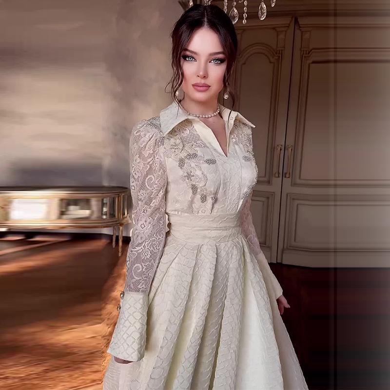 Toamnă 2024 Rochie lungă socialită cu mâneci lungi, cu guler răsturnat, cu inserții de plasă, culoare uni, pentru femei europene și americane