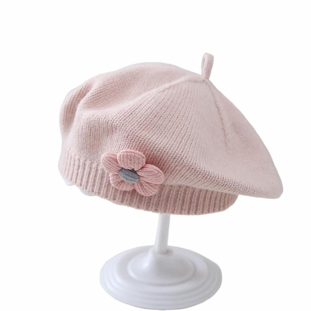 Beret Hat For Baby Girl, Solid Color Knitted Beanie Cap, Cute Flower French Artist Beret Hat, Winter Warm Beanie Cap