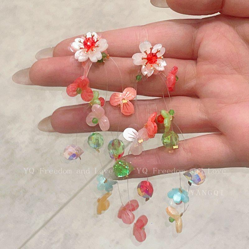 

Dopamine Color Flower Tassel Stud Earrings for Women Seaside Vacation Style Fancy Earrings Super Beautiful Eardrop Earring Color petal fishing line tassel stud earrings