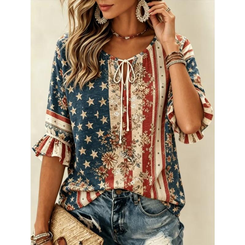 Women's Elegant Printed Lace-up Flared Top, Stylish and Versatile, Comfortable and Skin-friendly