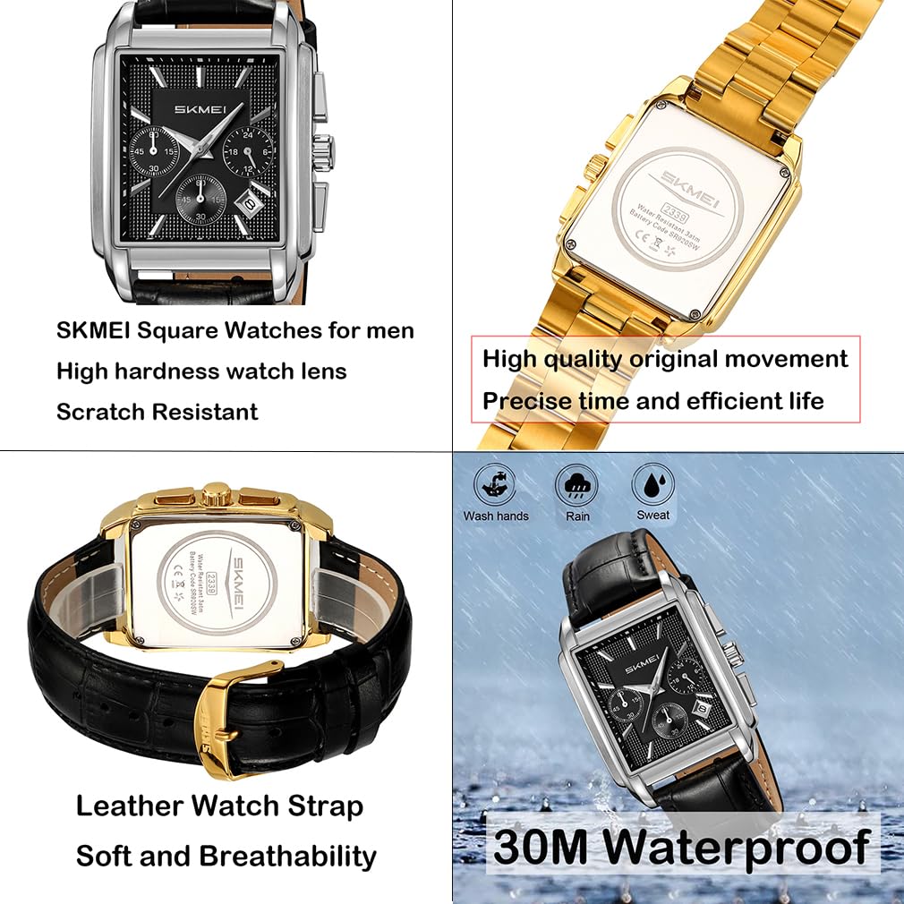 Skmei Square Watch Black Leather Strap Stylish Arm Watch Chronograph Waterproof Brand Analog Business Casual Watch Luxury Gift Silver Black Watch for