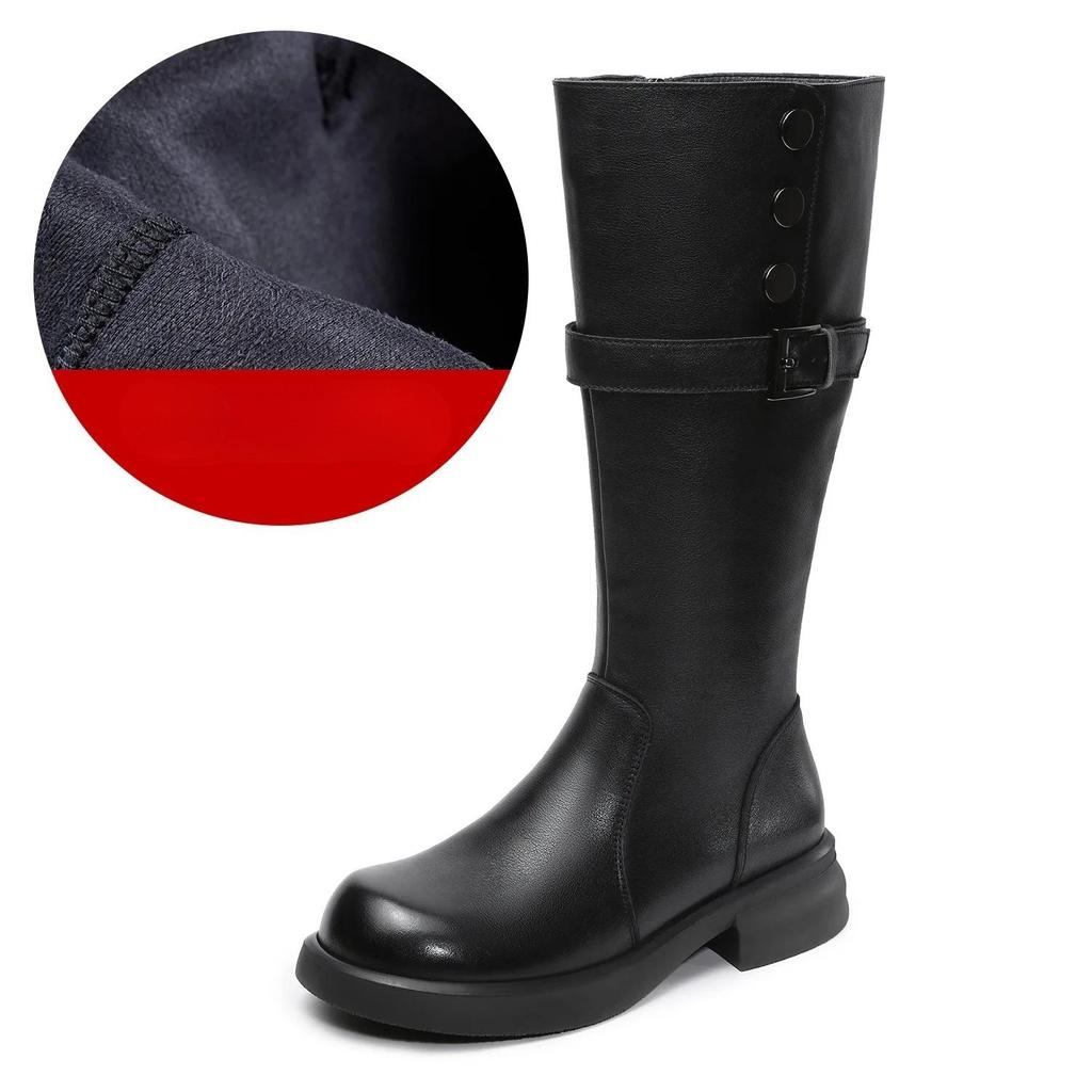 Johnature Skórzane Retro Damskie Kozaki Rycerskie na Grubej Podeszwie Okrągły Nosek Klamra Paska Wysokie Kozaki