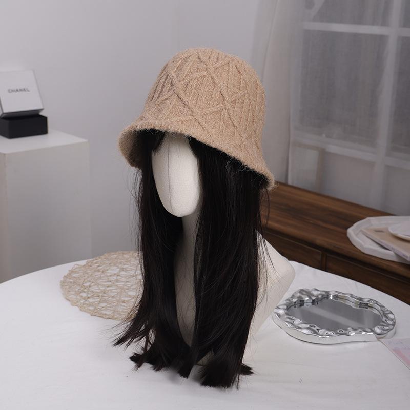 New lazy wind bucket hat women's autumn and winter rhombus knitted hat versatile bag head wool hat cold hat