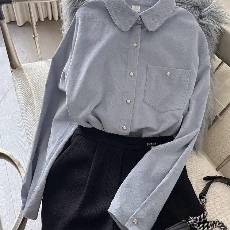 

2025 Blue Solid Color Long Sleeve French Autumn/Winter High-Class Versatile Shirt M for 95-105 jin синий