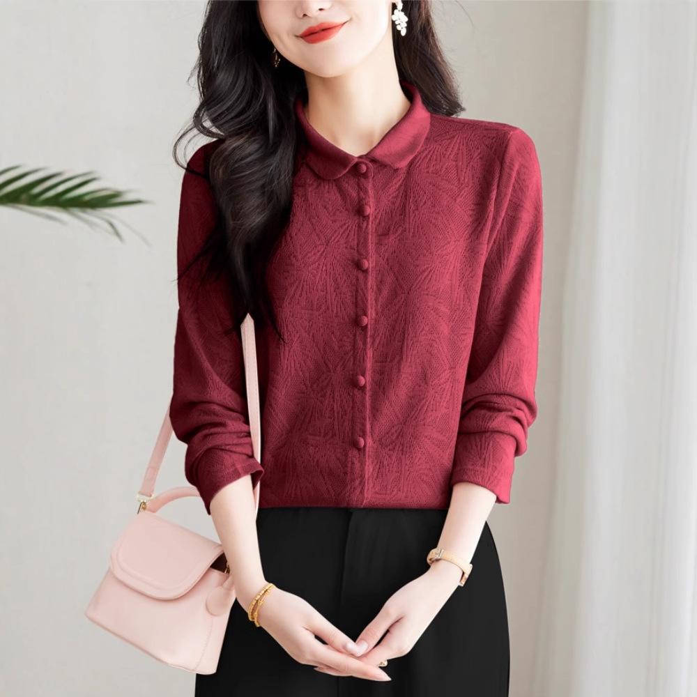 Early Spring New Women's Shirt POLO Neck Jacquard Loose Long-sleeved Shirt Temperament Commuter Top