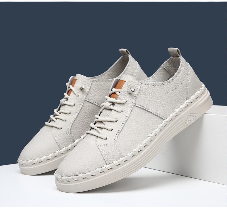 New Shoes for Men Cow Leather Casual Shoes Fashion Stitch Flat Skateboard Shoes Concise Slip-on Sneaker