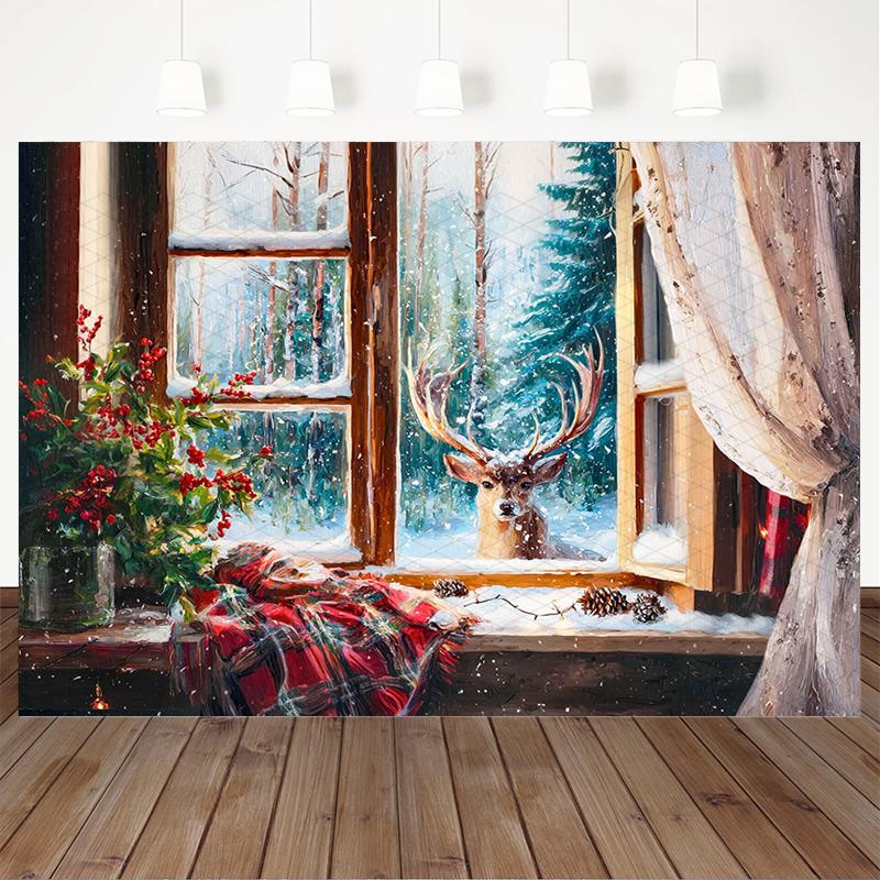 Mocsicka Christmas Backdrop For Photography Retro Art Abstract Window Snow Deer Tree Party Photo Background Indoor Decors Banner