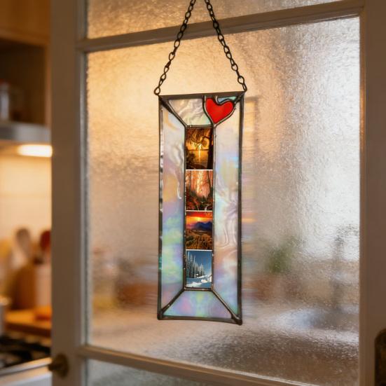 Cadru Photobooth Vitraliu Handmade Cadru Vertical Vintage pentru Benzi Foto cu 4 Poze Cadru de Cupru Folie Vitraliu Lucrat Manual Cadou de Amintire