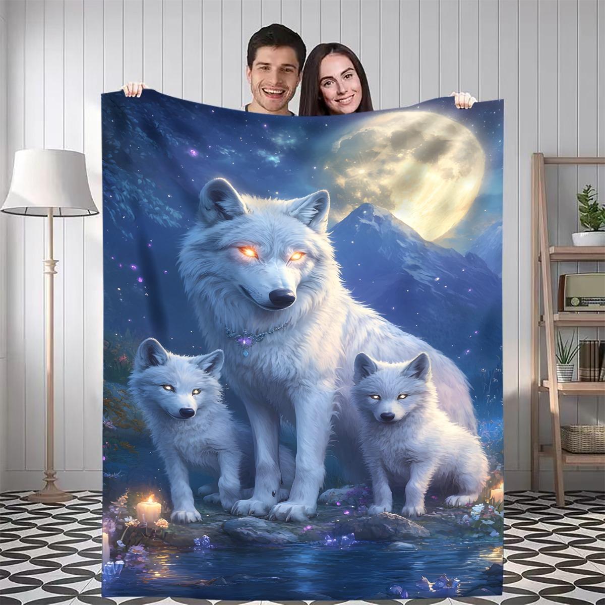 

1pc Wolf Pack Night Scene Digital Printed Blanket - Soft Flannel All-Season Throw with Wolf, Cubs & Full Moon Design, Cozy for 75x90cm28x35in