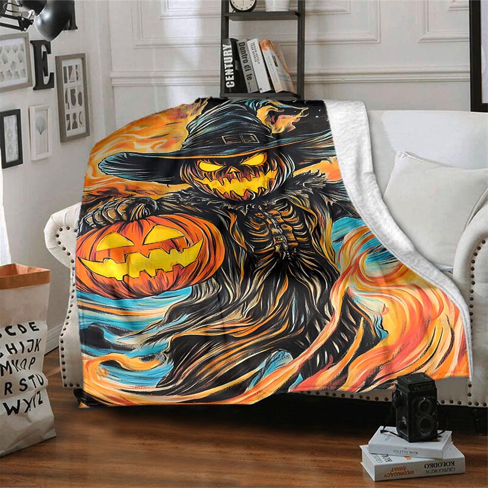 1pc Halloween Pumpkin Print Blanket Lightweight Flannel Throw Blanket For Sofa, Bed, Living Room, Office, Outdoor Travel, Camping