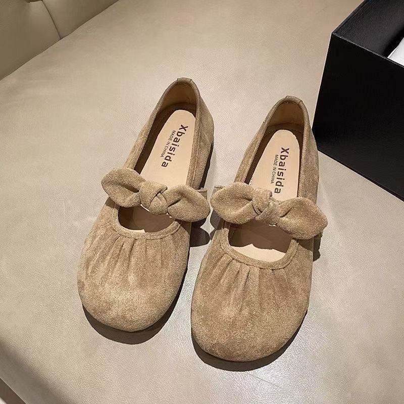 Folded Suede Bow Word with Shallow Mouth Single Shoes Spring New Gentle Fairy Style Casual Soft Sole Women's Shoes