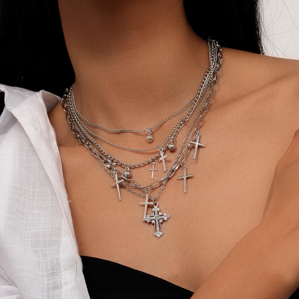 New Silver Color Cross Pendant Necklace Multilayer Metal Punk Choker Necklaces Chain Women Jewelry Gifts