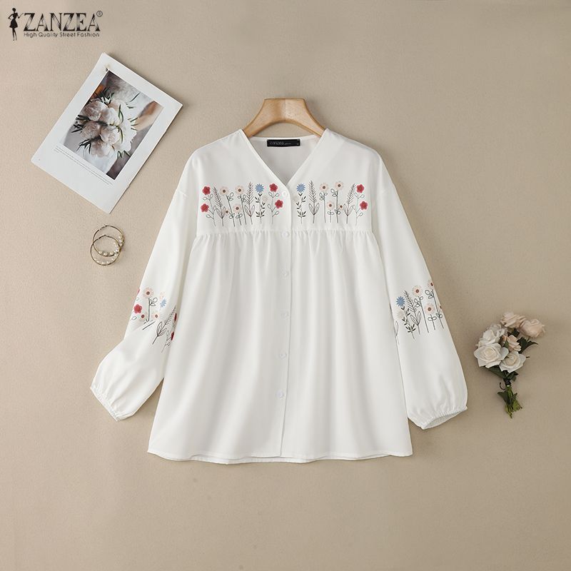 ZANZEA Damen Bluse mit Blumenmuster, V-Ausschnitt, langen Ärmeln, lässig