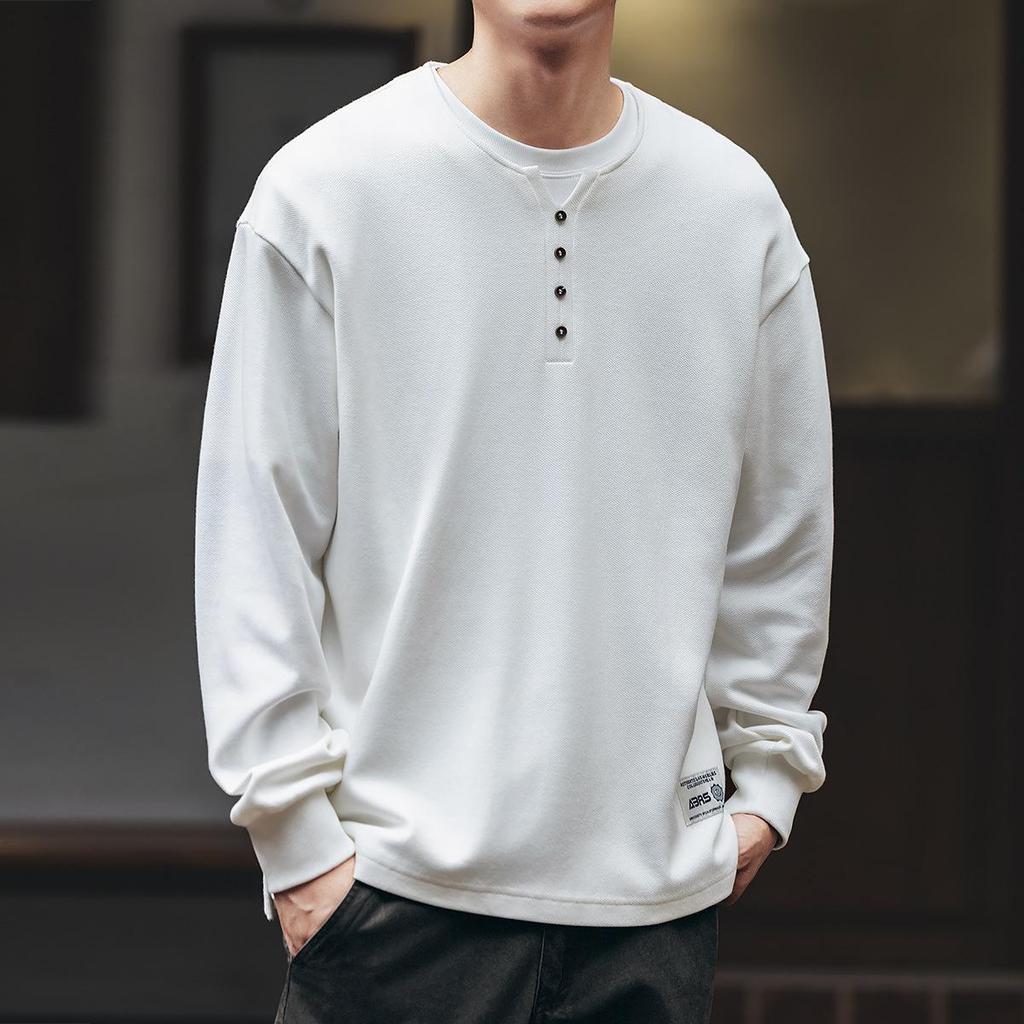Premium Retro American Henley Collar Long Sleeve Men's Hoodie - Autumn Plus Velvet, Loose Fit High-Grade Pure Cotton POLO Shirt