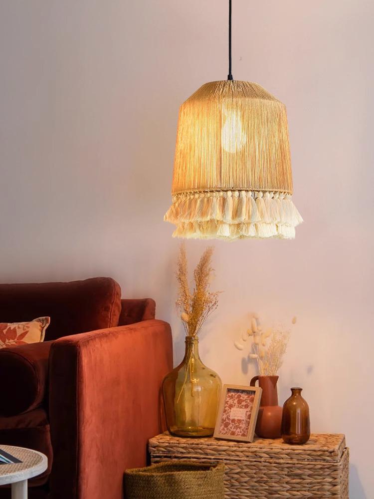 Wabi-Sabi Retro Hemp Rope Tassel Chandelier for Bedroom or Living Room