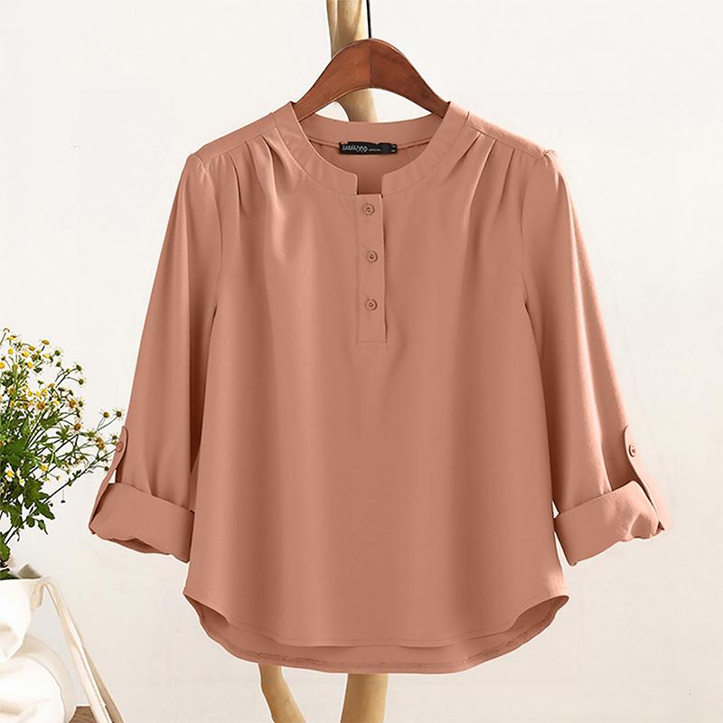 ZANZEA Blusa Casual da Donna Girocollo Regolabile Ampia Manica Lunga