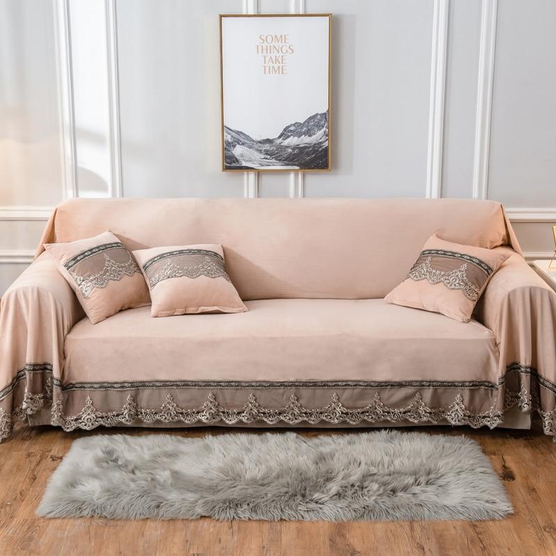 Winter Sofa Protector 1/2/3/4 Seater Plush Couch Cover Vintage Lace Sofa Slipcover Velvet Sofa Cover Stain-Proof Furniture Protector Pet Kids