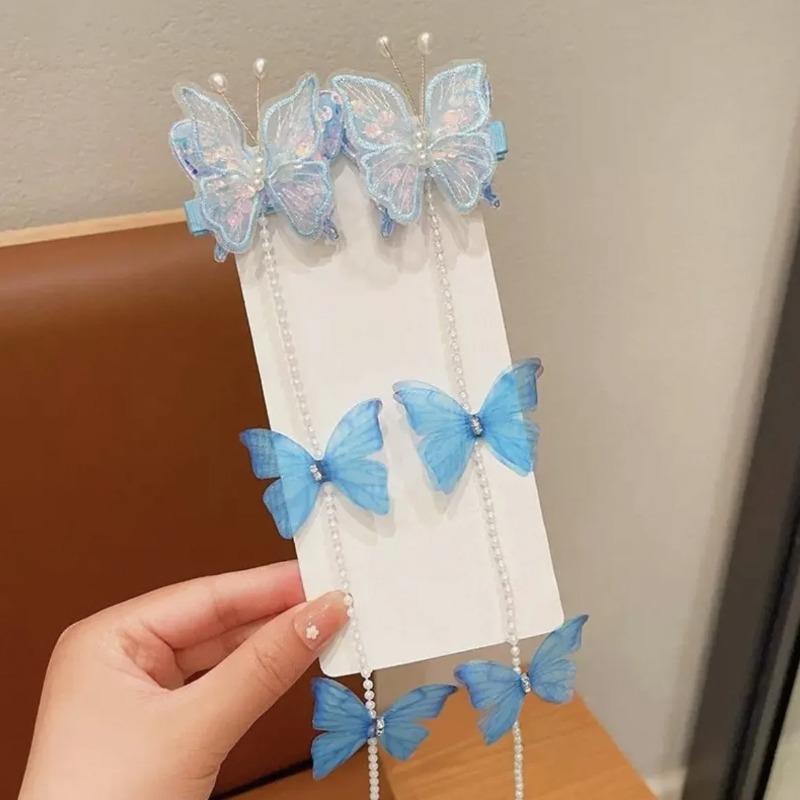 2pcs Children's Pearl Butterfly Braided Hairpin Sweet Tassel  Hair Rope Princess Headwear Girls Kids Hair Accessories