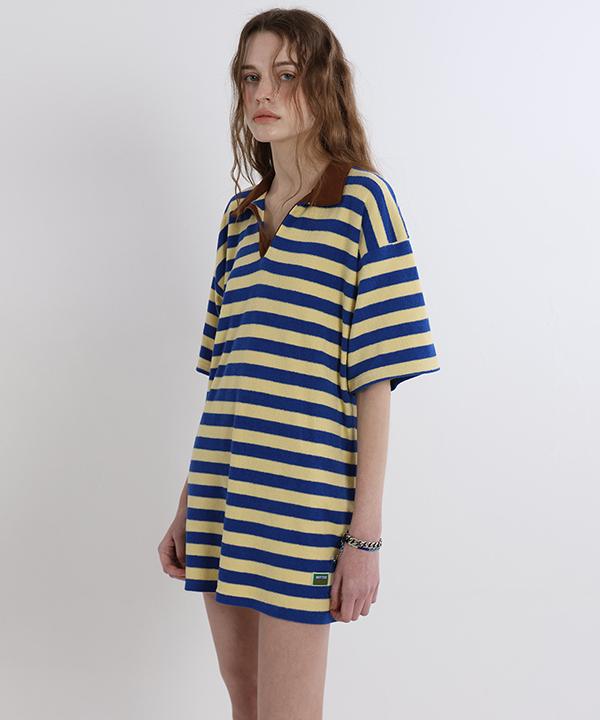 Green Butter Terry Stripe Collar Dress (Blue/Brown)