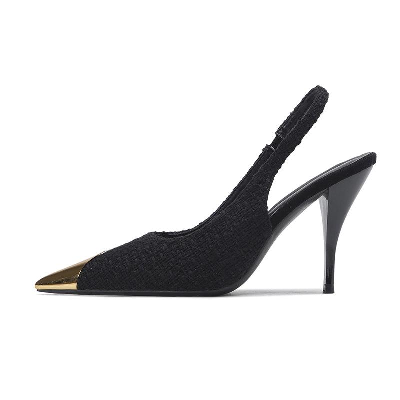 Mode 2024 Frühling Neu Metall Schwarz Flacher Ausschnitt Stiletto Riemen Damen Sandalen Damen Sexy Allround Hochwertige High Heels