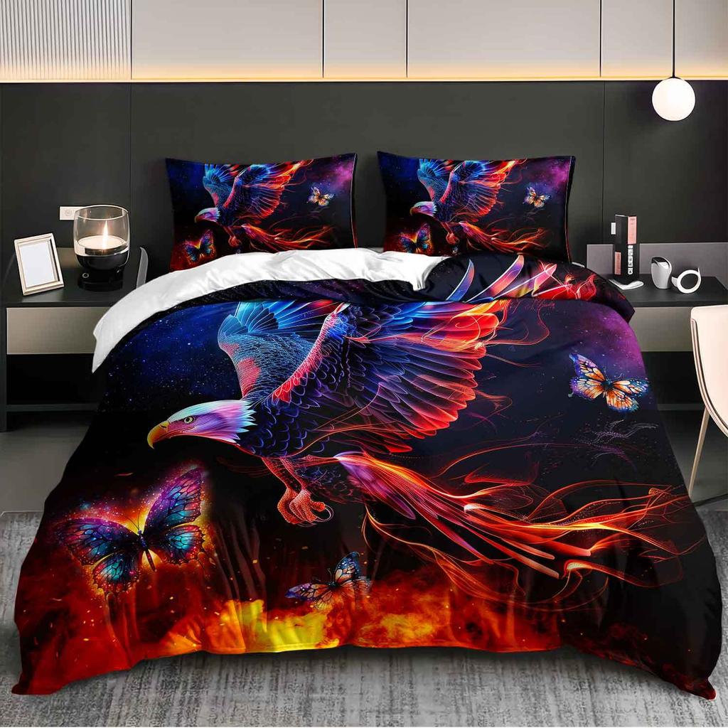 3pcs Fiery Eagle & Butterfly Bedding Duvet Cover Set Eagle Butterfly Bedding Set Abstract Eagle Themed Bed Quilt Set for galaxy