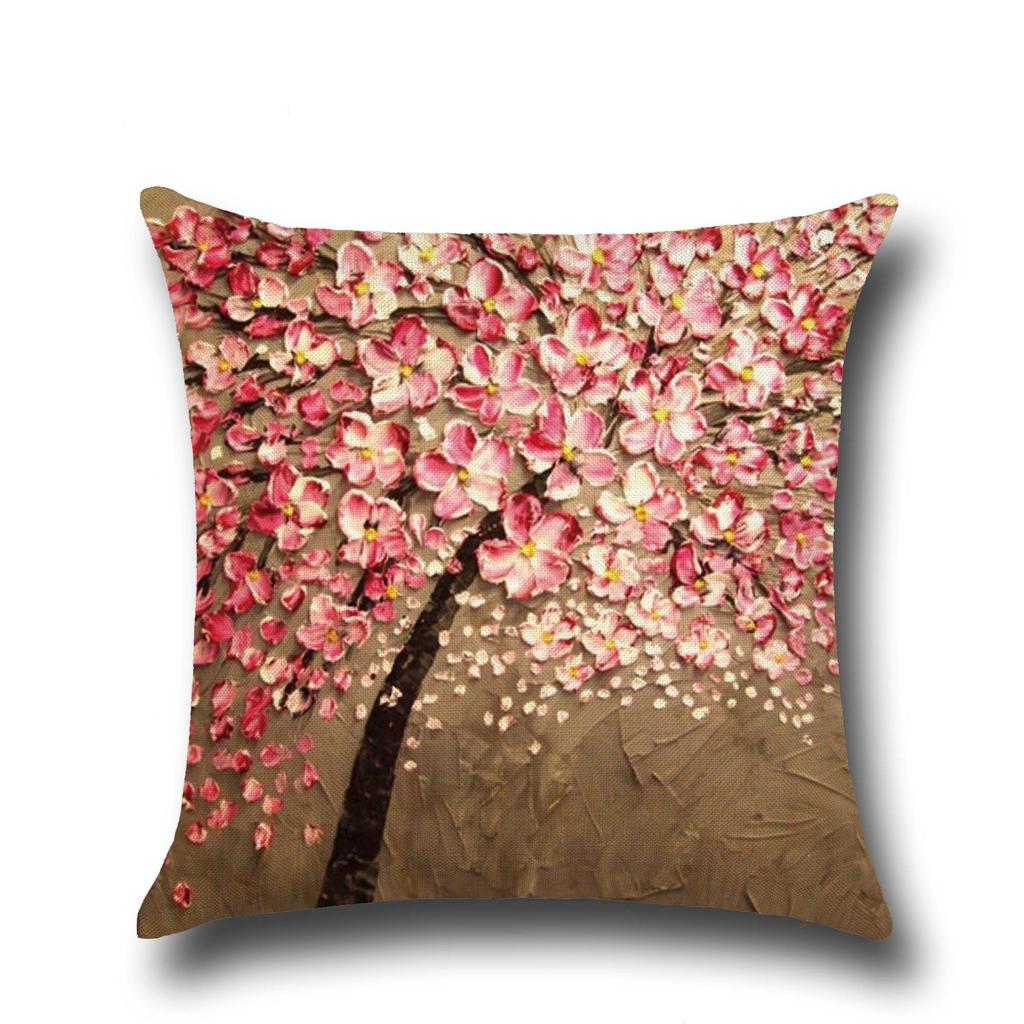 Three-dimensional Oil Painting Trees Flowers Cotton Linen Cushion Pillow Case Car Waist Cushion Cover