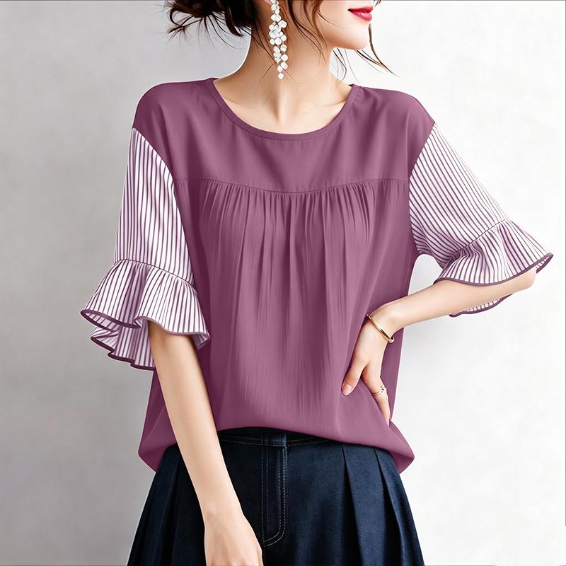 ZANZEA Women Casual Round Neck Stripe Splice Half Sleeve Blouse