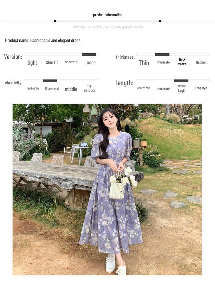 Summer 2025 Purple Floral Chiffon Dress: Gentle Puff Sleeve, Round Neck, Fitted Waist, Tea Length