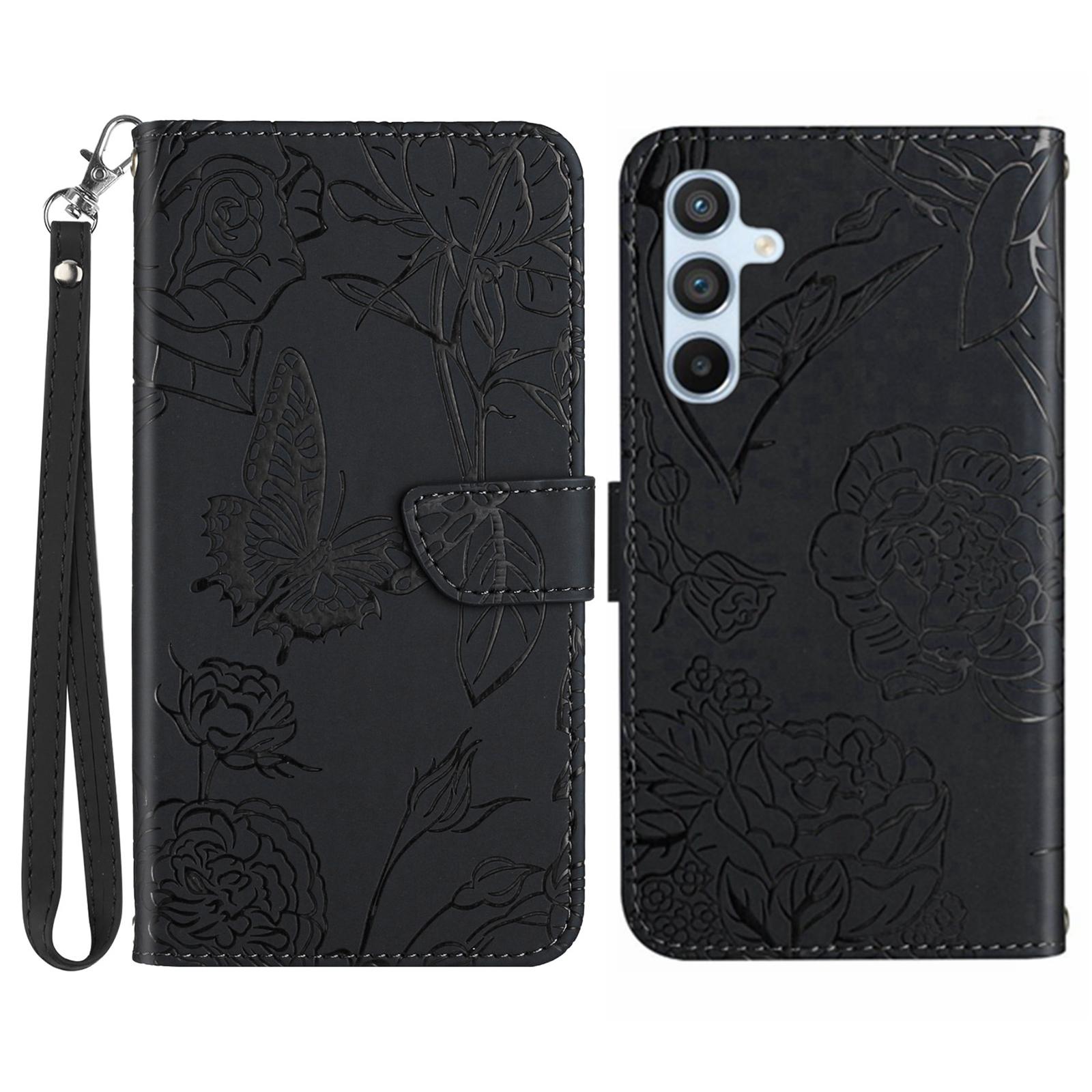 

HT03 For Samsung Galaxy S24 FE Case Butterfly Flower Leather Phone Cover Handbag Black