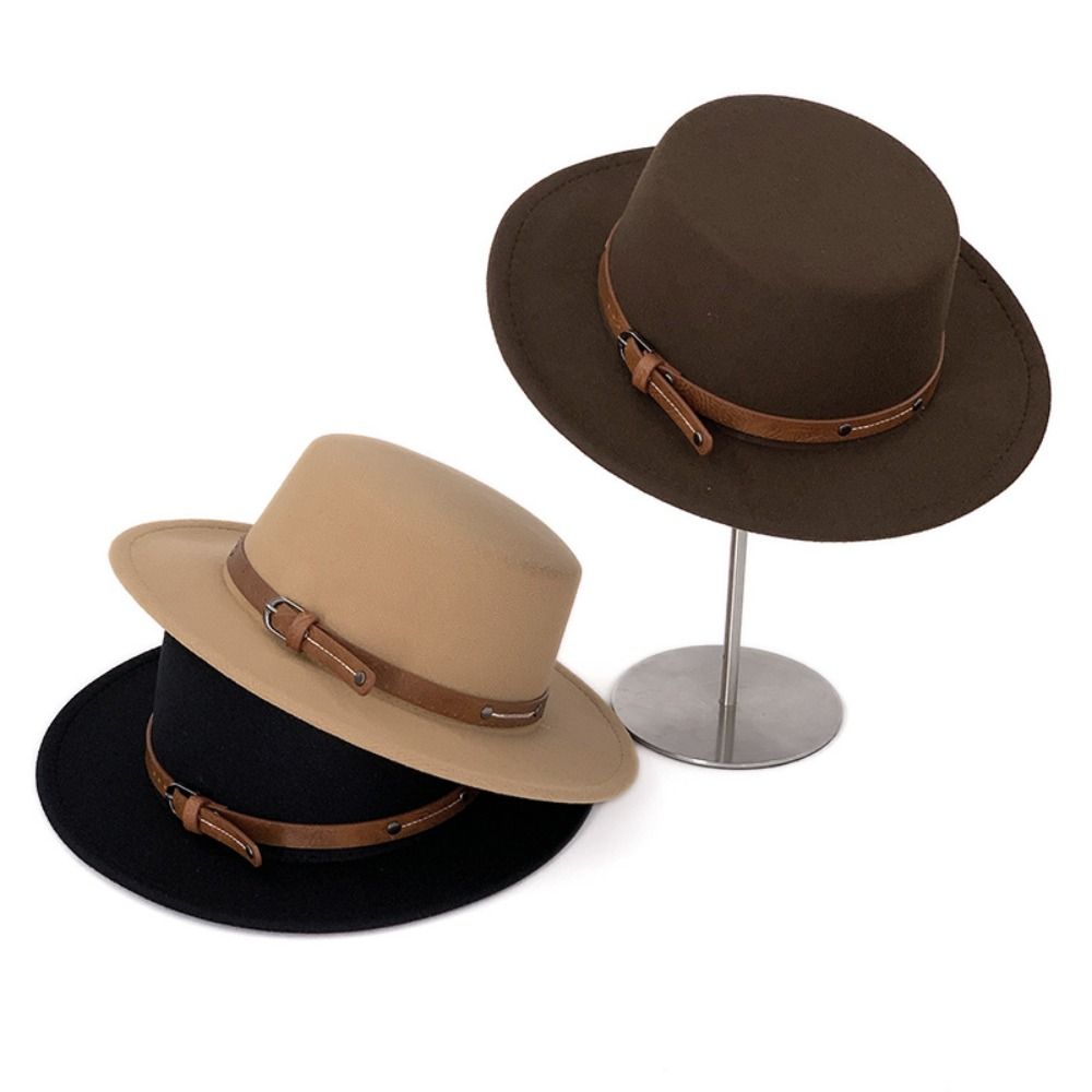 British Style Woolen Flat Top Hat Elegant Women Jazz Hat Vintage Felt Hat  Church Events